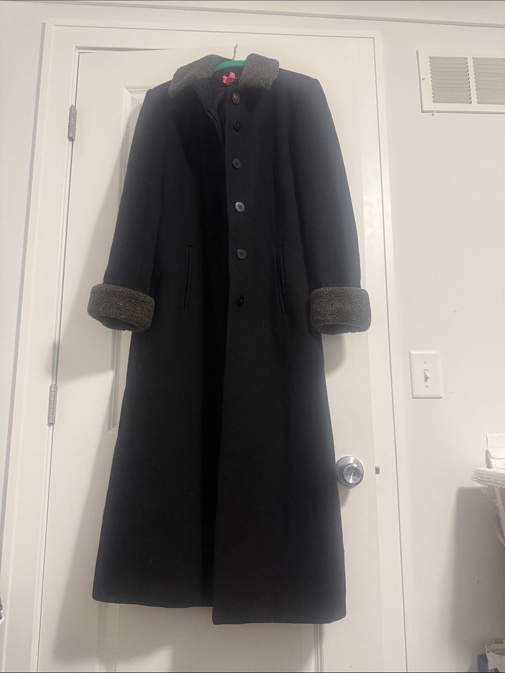 Braetan Black Coat with Gray Faux Fur Trim and Green Neckline Accent